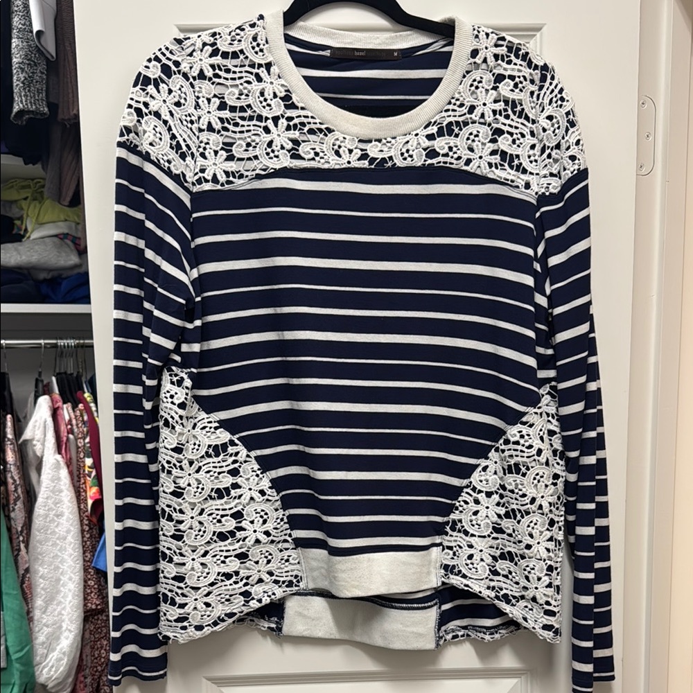 Blue and White Relaxed Graphic Long Sleeve Top